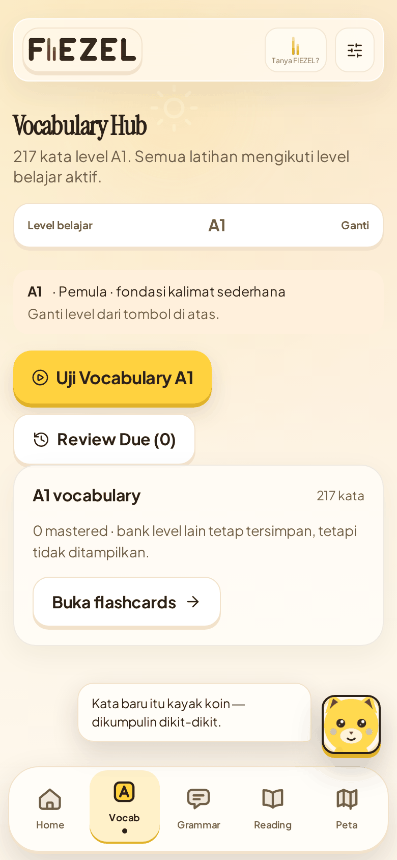 Layar Vocabulary Hub FIEZEL dengan daftar latihan kosakata level A1