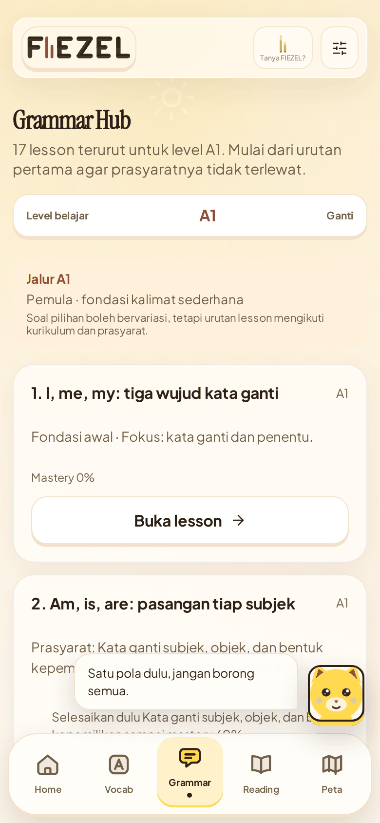 Grammar Hub dengan 17 lesson terurut untuk level A1
