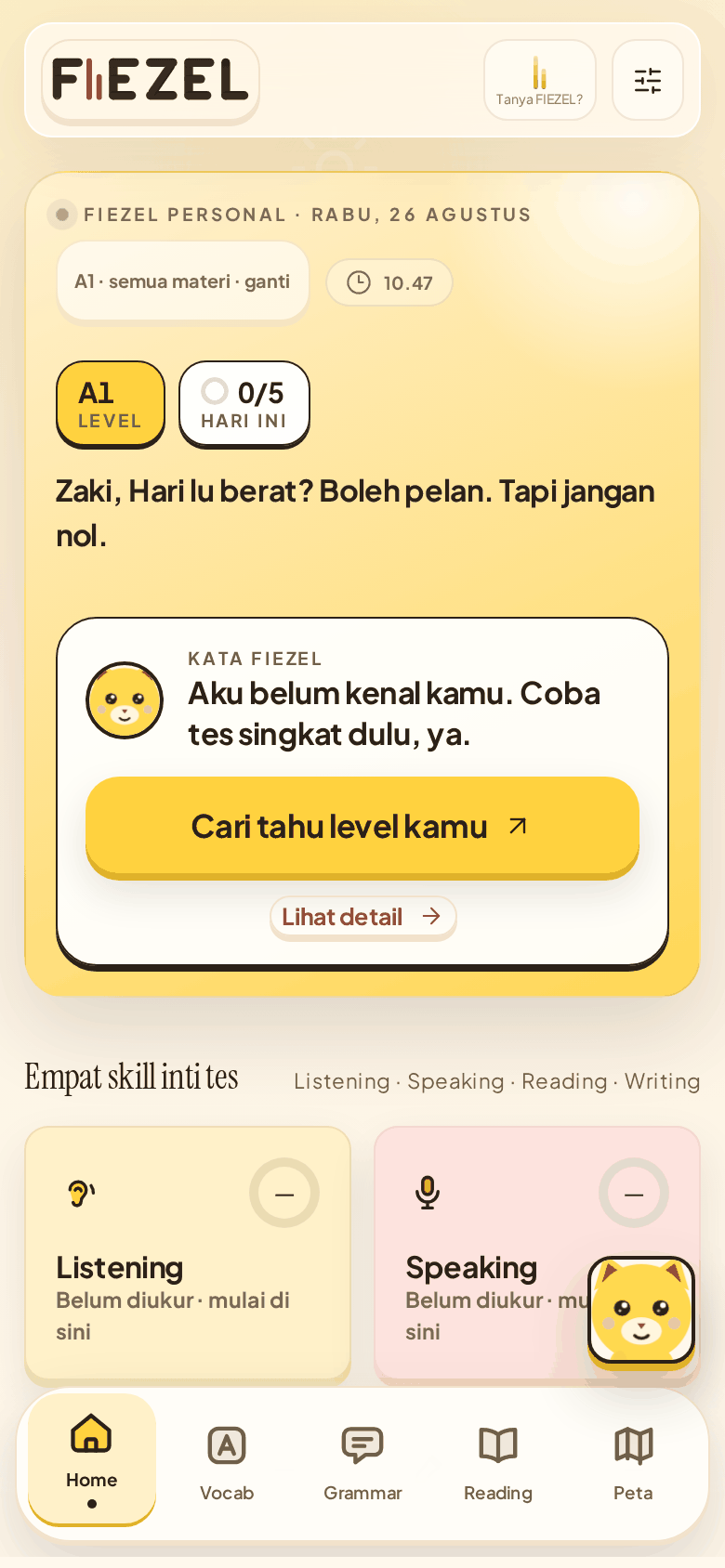 Layar Home FIEZEL dengan target harian dan empat skill inti