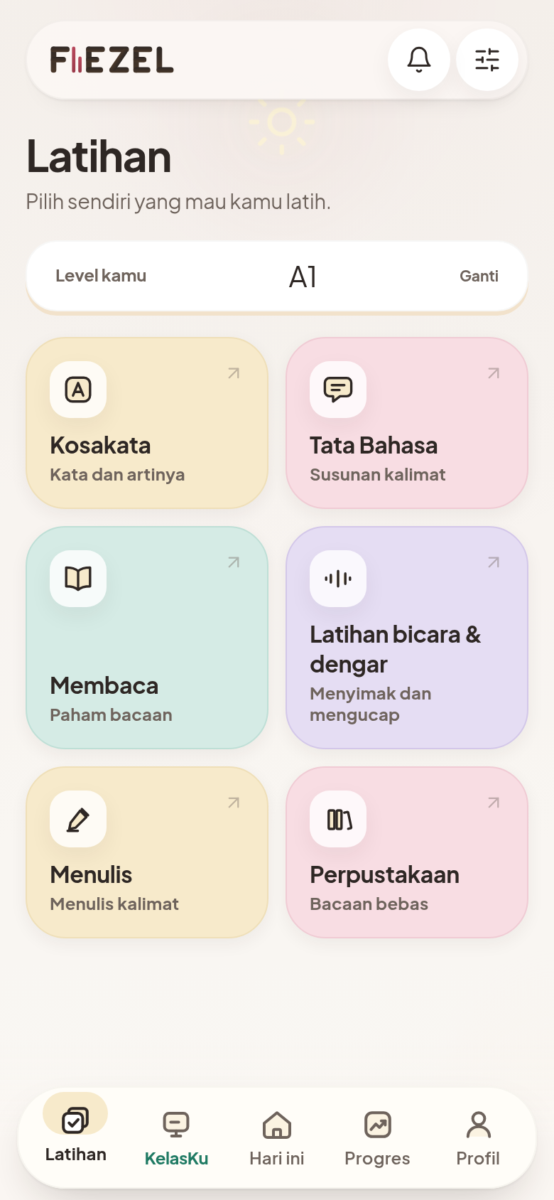 Layar Latihan FIEZEL: enam pilihan skill — kosakata, grammar, reading, bicara & dengar, writing, dan pustaka