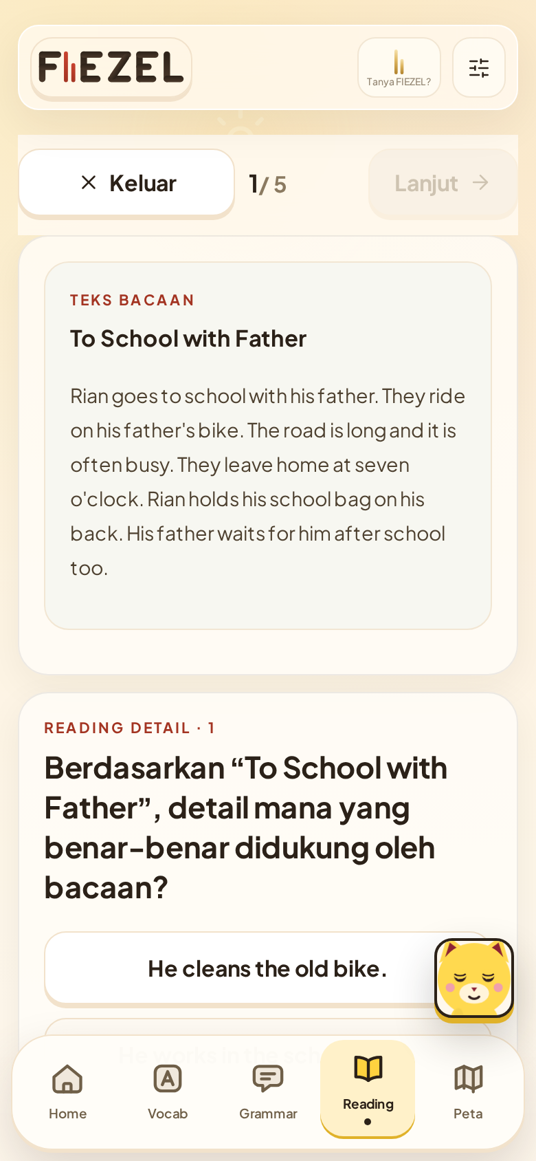Layar Reading FIEZEL dengan daftar bacaan berjenjang